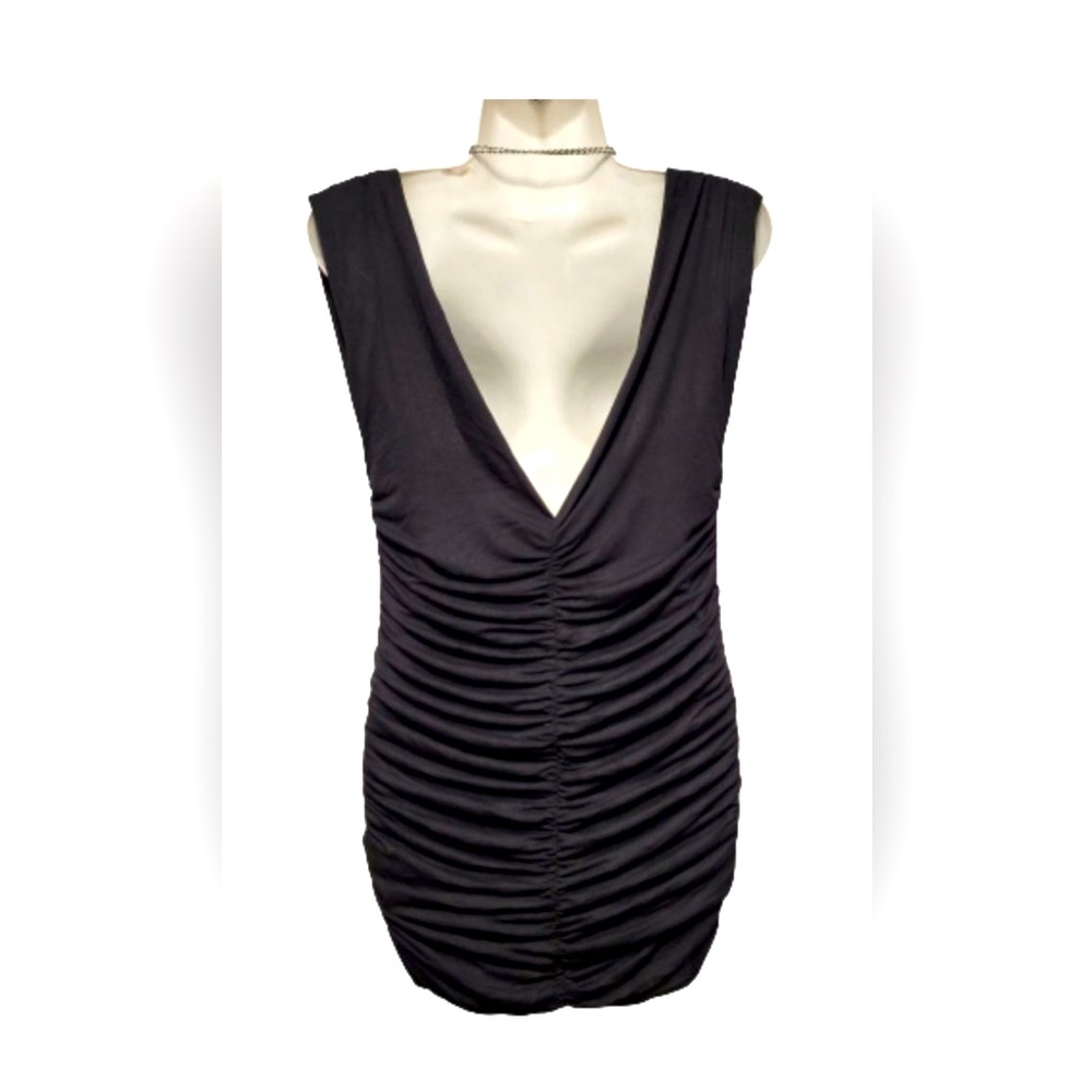 Black Ruched V Neck Low Back Little Black Dress Size L - NWOT